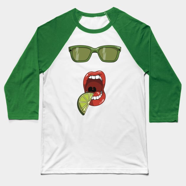 Mouth about to eat a slice of a green lime and matching green sun glasses Baseball T-Shirt by Fruit Tee